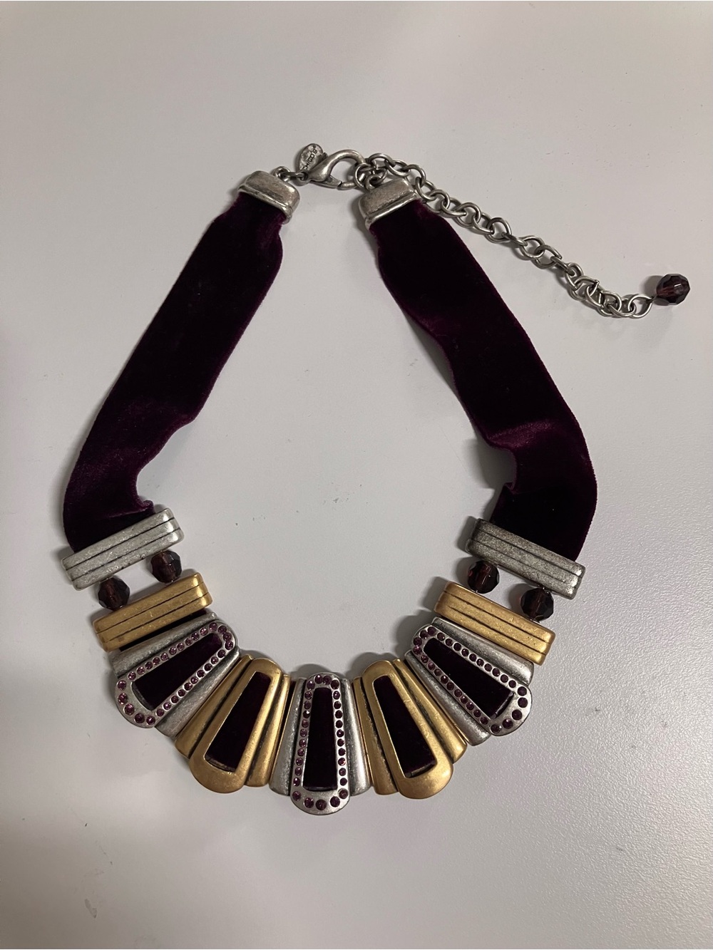 Chico's Deep Plum Velvet Mixed Metal Statement Necklace